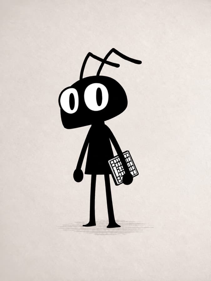 Keeda, a small black ant, standing with a keyboard tucked under one arm
